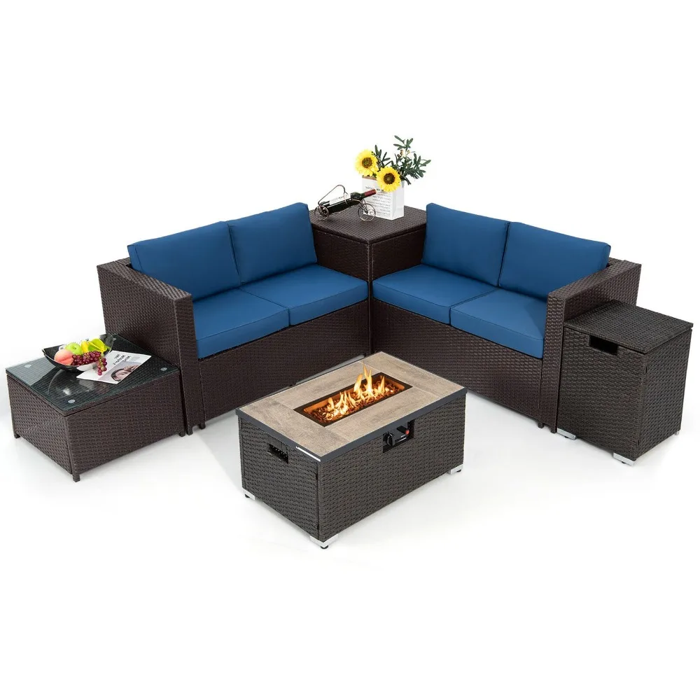 6 Piece Patio Sofa & Fire Table Set Rattan Sectional Sofa Set w/Storage Box Navy
6 Piece Patio Sofa & Fire Table Set Rattan Sectional Sofa Set w/Storage Box Navy