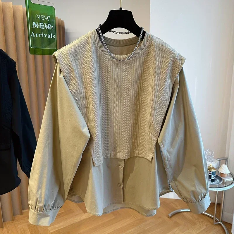 Корейская модная женская блузка с круглым вырезом и пэчворком, имитация двухслойной винтажной рубашки, оверсайз, милая, с длинными рукавами, топ
Корейская модная женская блузка с круглым вырезом и пэчворком, имитация двухслойной винтажной рубашки, оверсайз, милая, с длинными рукавами, топ