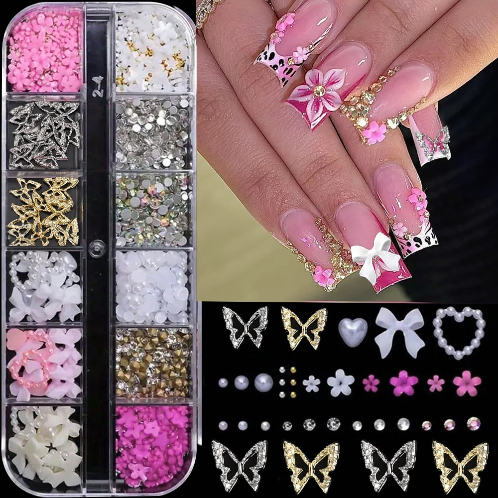 12Grids/box Mixed 3D Bowknot Flower Nail Charms Hollow Heart Love Alloy Butterfly Rhinestone Nail Art Decorations DIY Nail Parts 
12Grids/box Mixed 3D Bowknot Flower Nail Charms Hollow Heart Love Alloy Butterfly Rhinestone Nail Art Decorations DIY Nail Parts