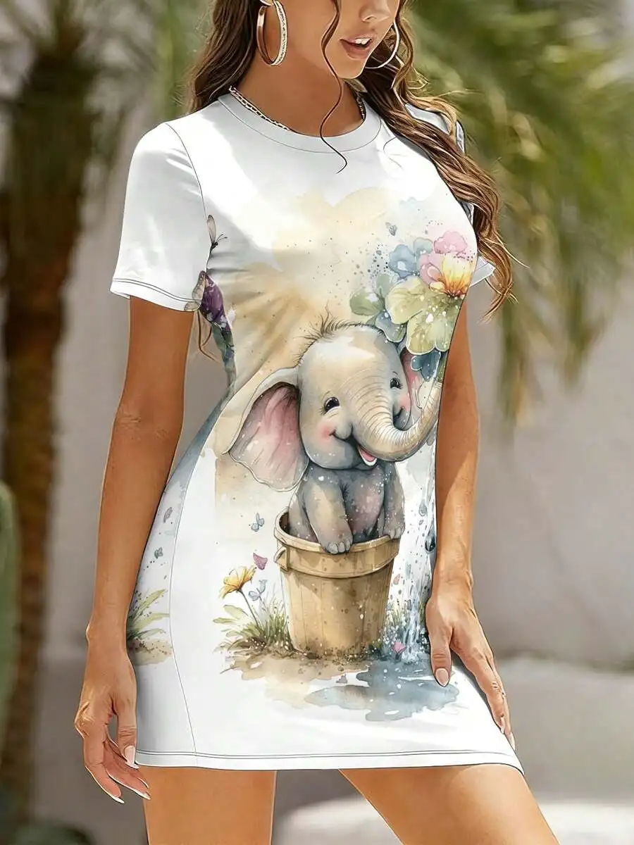 Womens Short Sleeve Bodycon Dress With Elephant And Floral 3D Print Summer Casual Wear
Womens Short Sleeve Bodycon Dress With Elephant And Floral 3D Print Summer Casual Wear