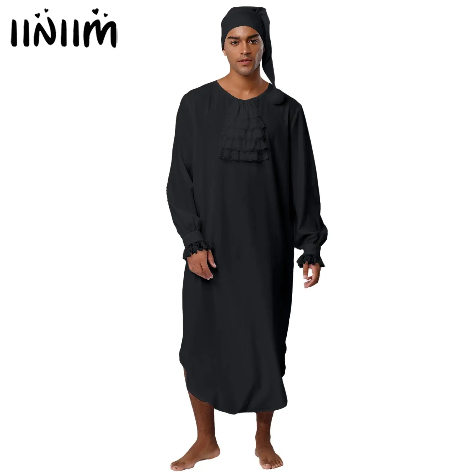 Mens Victorian Cosplay Outfits Nightgown Halloween Christmas Costume Lace Trim Ruffles Collar Curved Hem Night Robe with Cap
Mens Victorian Cosplay Outfits Nightgown Halloween Christmas Costume Lace Trim Ruffles Collar Curved Hem Night Robe with Cap