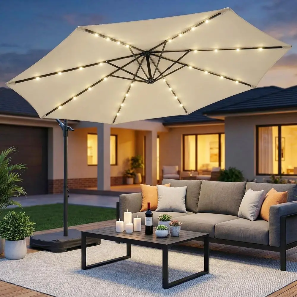 32 LED Outdoor Cantilever Umbrella with Base, Rotating Patio Umbrella for Pool Deck, Garden, and Backyard
32 LED Outdoor Cantilever Umbrella with Base, Rotating Patio Umbrella for Pool Deck, Garden, and Backyard