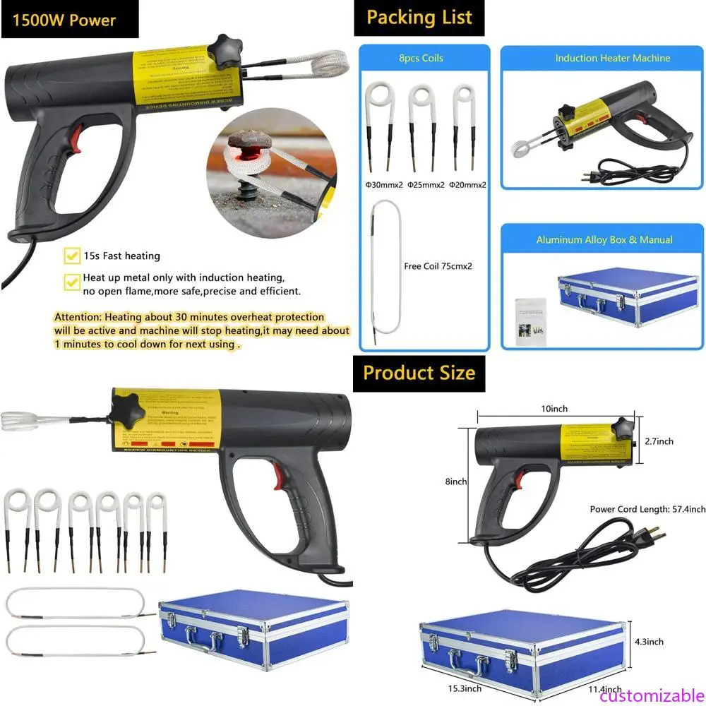 Портативный индукционный болтовый нагреватель мощностью 1500 Вт с 8 катушками для быстрого и беспламенного нагрева 
Портативный индукционный болтовый нагреватель мощностью 1500 Вт с 8 катушками для быстрого и беспламенного нагрева