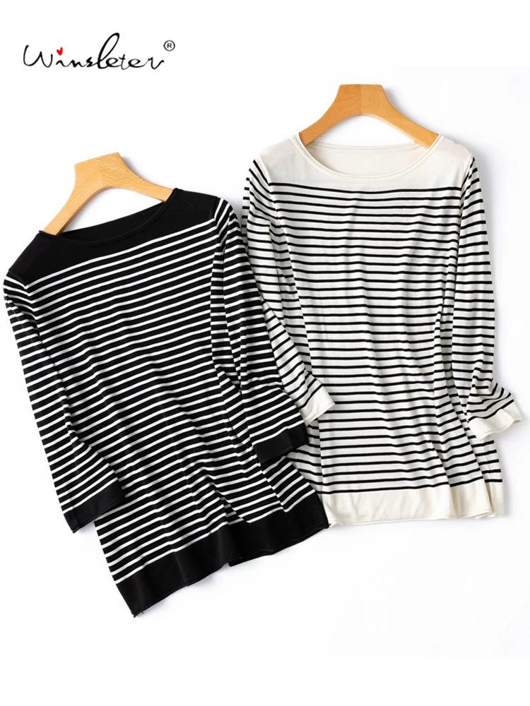 Winsleter- 100%Real Silk Elegant Knitting T-shirt, Woman 3/4 Sleeve O Neck Striped, Casual Loose Top, 2025 Spring New T4D712CC
Winsleter- 100%Real Silk Elegant Knitting T-shirt, Woman 3/4 Sleeve O Neck Striped, Casual Loose Top, 2025 Spring New T4D712CC