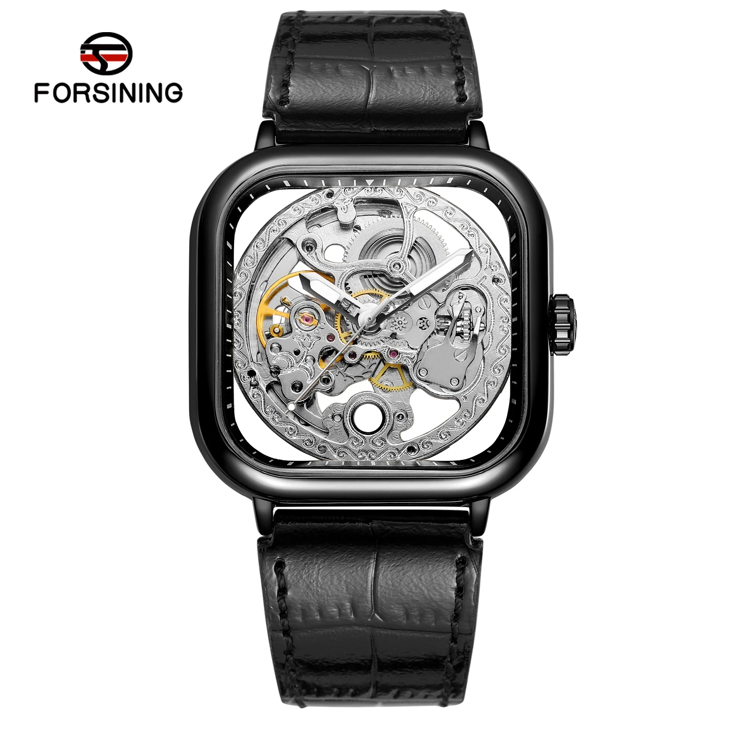 FORSINING мужские часы с квадратным корпусом и гравировкой, автоматические механические часы со скелетом, полые светящиеся стрелки, черные мужские часы из натуральной кожи
FORSINING мужские часы с квадратным корпусом и гравировкой, автоматические механические часы со скелетом, полые светящиеся стрелки, черные мужские часы из натуральной кожи