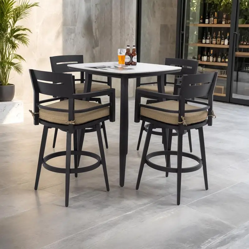 Modern Outdoor Patio Bar Set, Rounded Square Sintered Stone Table & 4 Swivel Bar Chairs, Non-Rust Aluminum Frame, Black Marble
Modern Outdoor Patio Bar Set, Rounded Square Sintered Stone Table & 4 Swivel Bar Chairs, Non-Rust Aluminum Frame, Black Marble