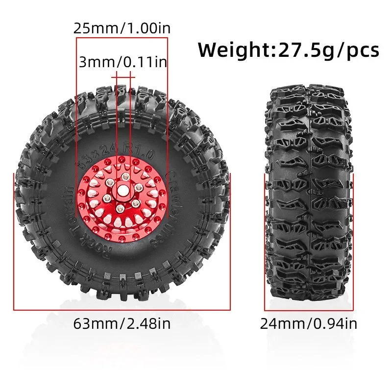 4pcs 63mm 1.0" Metal Beadlock Wheel Tire Set For 1/18 RC Crawler Car TRX4M SCX24 Upgrade Parts Accessories
4pcs 63mm 1.0" Metal Beadlock Wheel Tire Set For 1/18 RC Crawler Car TRX4M SCX24 Upgrade Parts Accessories