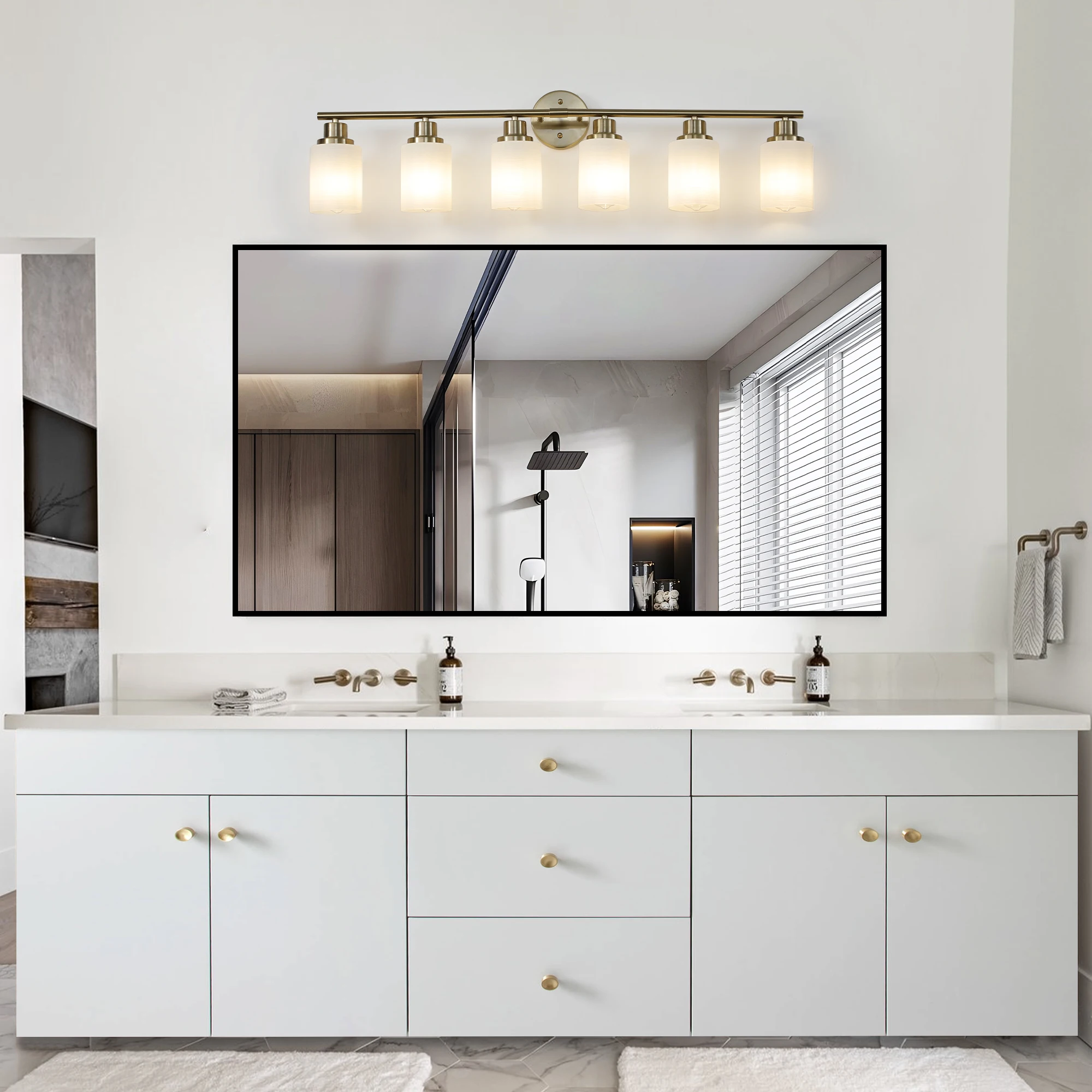 6-Light Golden Bathroom Vanity Light Fixture, Frosted Glass Shades, Modern Wall Mounted Lighting (No Bulbs)
6-Light Golden Bathroom Vanity Light Fixture, Frosted Glass Shades, Modern Wall Mounted Lighting (No Bulbs)