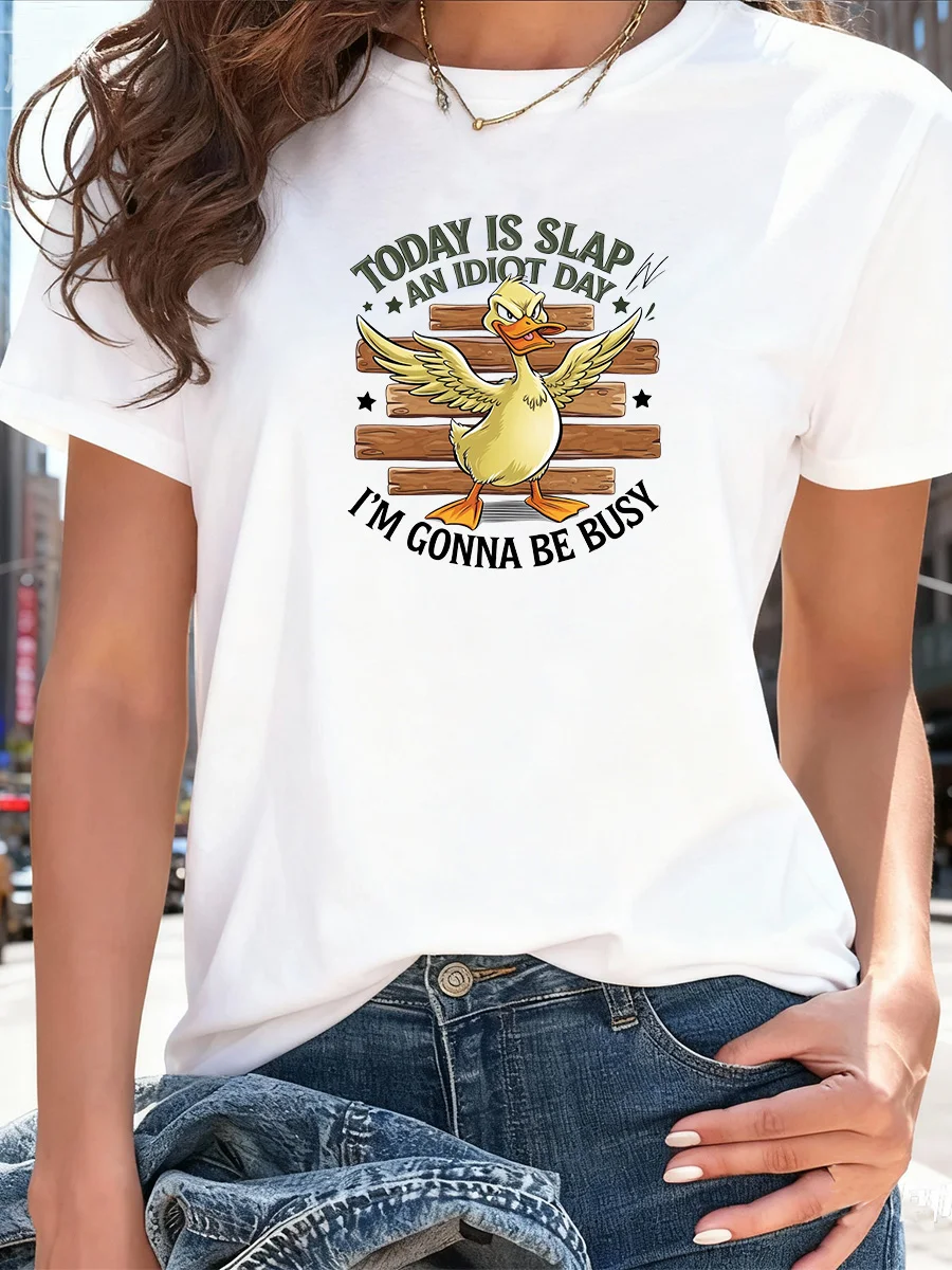 White Short Sleeve T-Shirt with Funny Duck "Today Is Slap An Idiot Day" Graphic Print
White Short Sleeve T-Shirt with Funny Duck "Today Is Slap An Idiot Day" Graphic Print