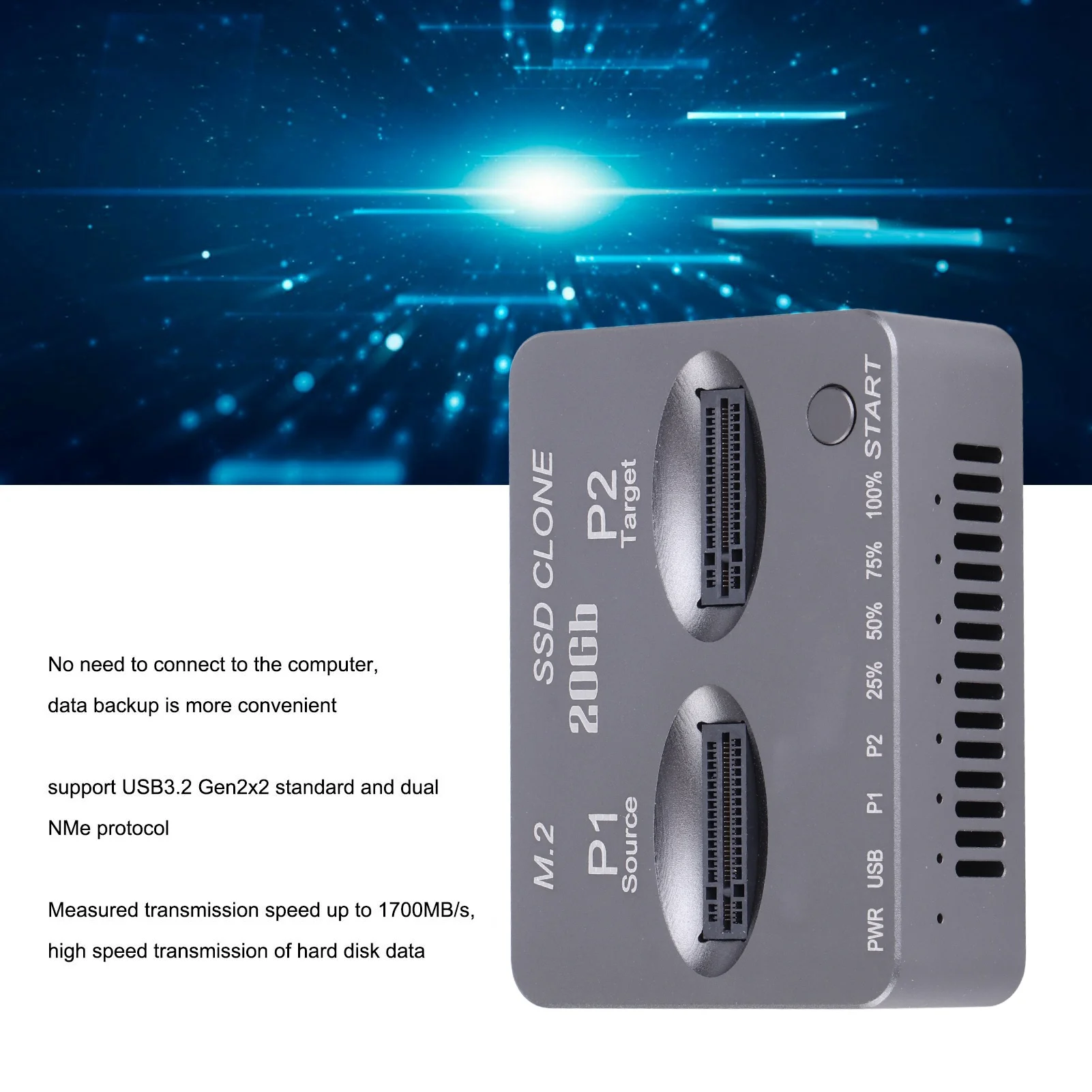 Двухъядерная автономная док-станция M.2 NVMe SATA USB 3.2 TYPE C Gen2 X 20 Гбит/с Двухъядерная автономная док-станция для клонирования
Двухъядерная автономная док-станция M.2 NVMe SATA USB 3.2 TYPE C Gen2 X 20 Гбит/с Двухъядерная автономная док-станция для клонирования