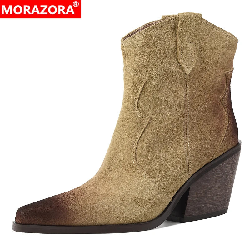 MORAZORA 2025 New Suede Leather Western Boots Women Slip On Pointed Toe Retro Cowboy Ankle Boots Autumn Block Heels Ladies Shoes
MORAZORA 2025 New Suede Leather Western Boots Women Slip On Pointed Toe Retro Cowboy Ankle Boots Autumn Block Heels Ladies Shoes
