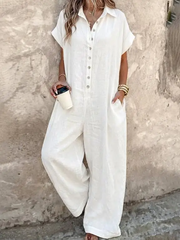 Womens Jumpsuit Spring Summer 2026 Turn-Down Collar Short Sleeve Button Front Breathable Overalls Casual Wide Leg Linen Jumpsuit
Womens Jumpsuit Spring Summer 2026 Turn-Down Collar Short Sleeve Button Front Breathable Overalls Casual Wide Leg Linen Jumpsuit