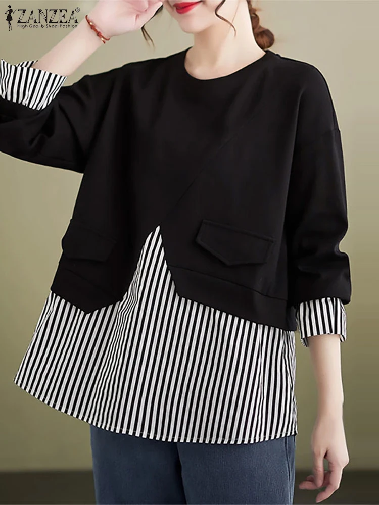 ZANZEA Spring 2025 Thin Pullovers Women Sweatshirts Fashion Striped Patchwork Tops Chic Round Neck Hoodies Streetwear Oversized
ZANZEA Spring 2025 Thin Pullovers Women Sweatshirts Fashion Striped Patchwork Tops Chic Round Neck Hoodies Streetwear Oversized