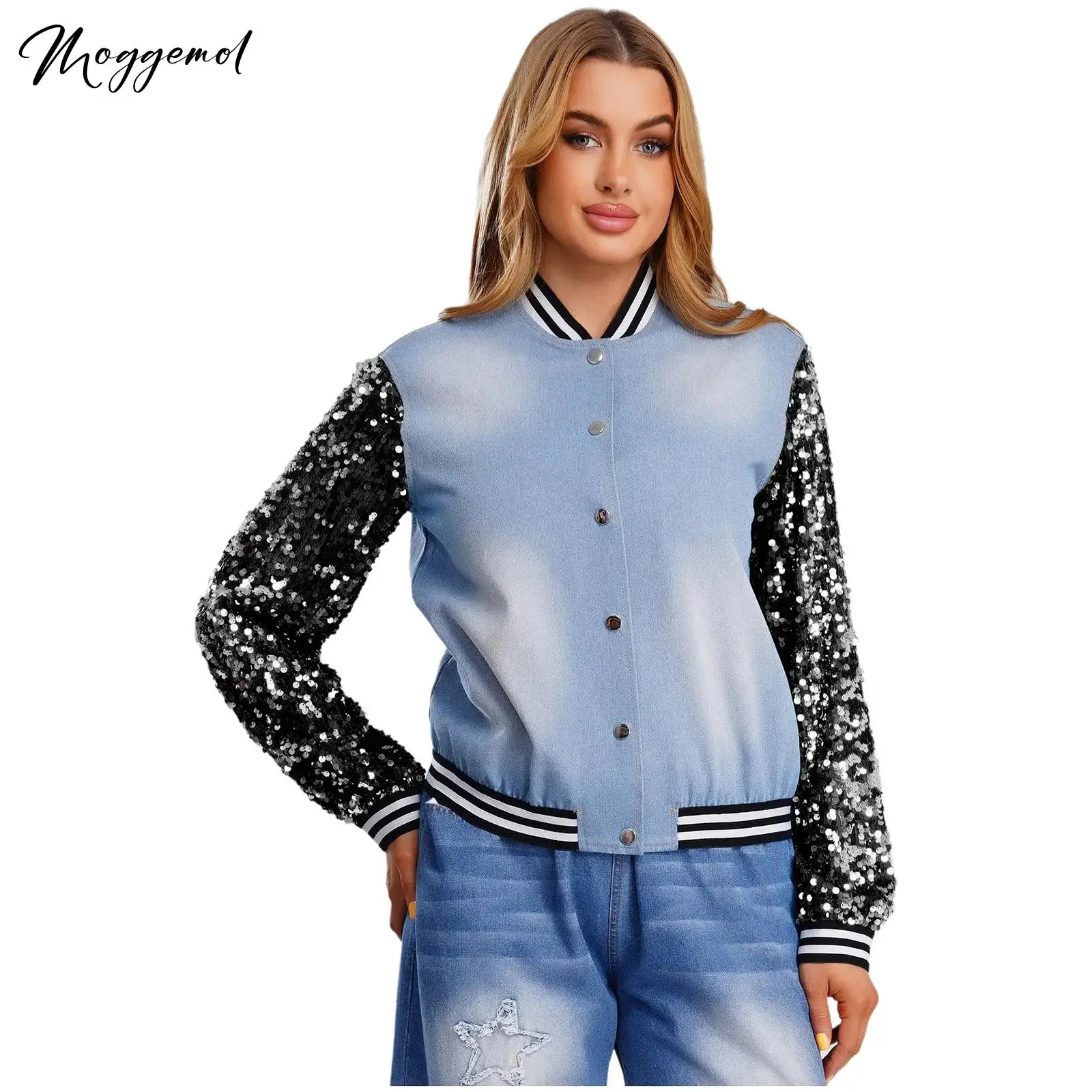 Женская джинсовая бейсбольная куртка с блестками и длинными рукавами спереди на пуговицах и полосатая отделка Повседневная куртка-бомбер для джазовой диско-вечеринки
Женская джинсовая бейсбольная куртка с блестками и длинными рукавами спереди на пуговицах и полосатая отделка Повседневная куртка-бомбер для джазовой диско-вечеринки