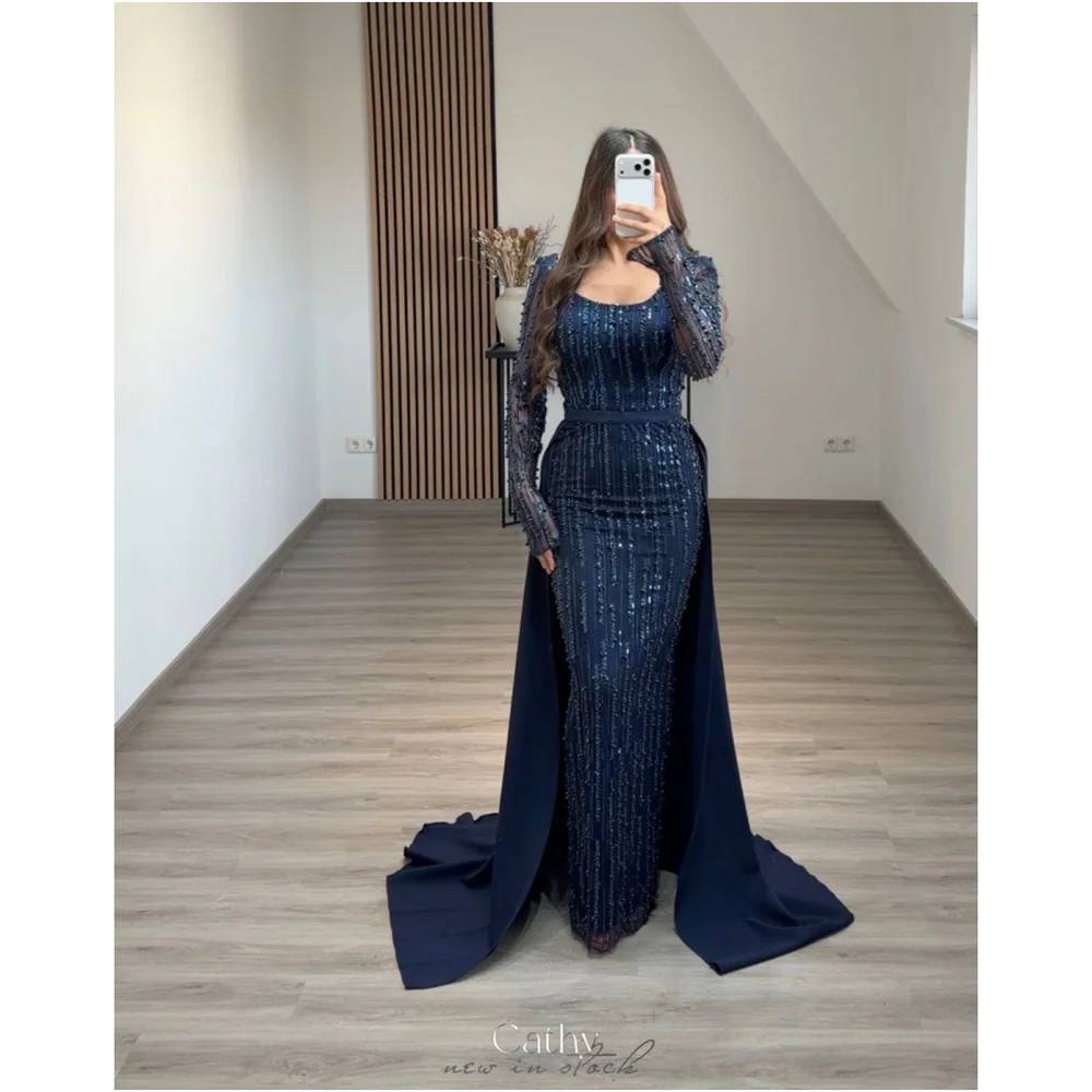 Cathy Customized Navy Blue Sequins Long Sleeve Prom Dress Detachable Train vestidos de noiva Floor-length Evening Dresses 2025
Cathy Customized Navy Blue Sequins Long Sleeve Prom Dress Detachable Train vestidos de noiva Floor-length Evening Dresses 2025
