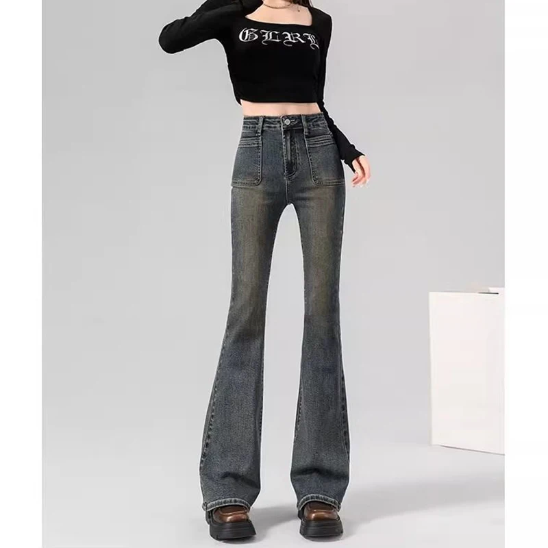 Корейские тонкие расклешенные джинсы с высокой талией для девочек, женские классические облегающие длинные брюки, женские шикарные винтажные прямые джинсовые брюки
Корейские тонкие расклешенные джинсы с высокой талией для девочек, женские классические облегающие длинные брюки, женские шикарные винтажные прямые джинсовые брюки