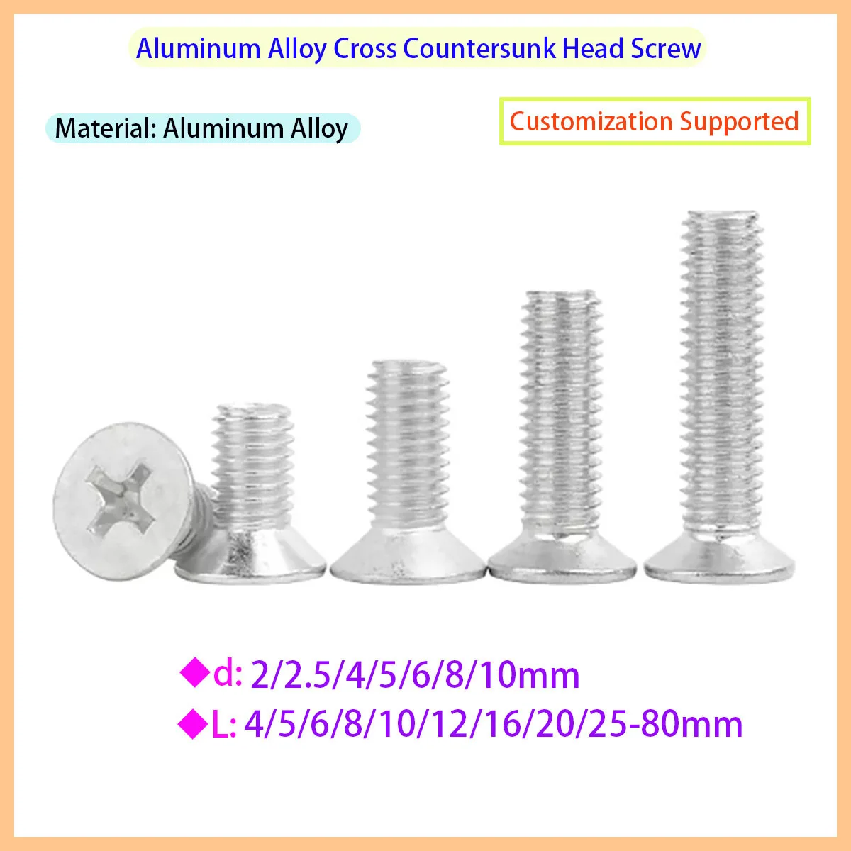 Aluminum Alloy Cross Head Countersunk Screw GB819 M2 M2.5 M3 M4 M5 M6 M8 M10
Aluminum Alloy Cross Head Countersunk Screw GB819 M2 M2.5 M3 M4 M5 M6 M8 M10