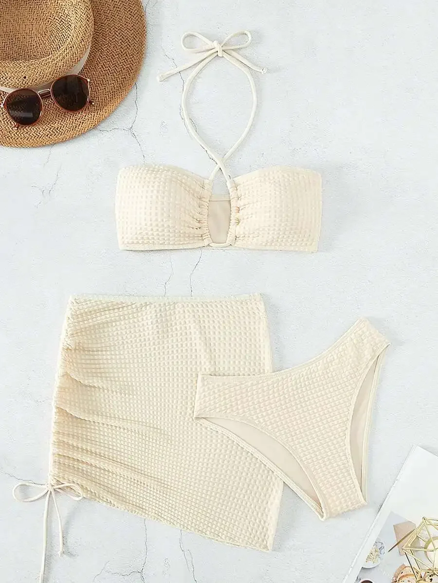 Waffle Texture Halter Bikini Set With Beach Skirt For Women
Waffle Texture Halter Bikini Set With Beach Skirt For Women