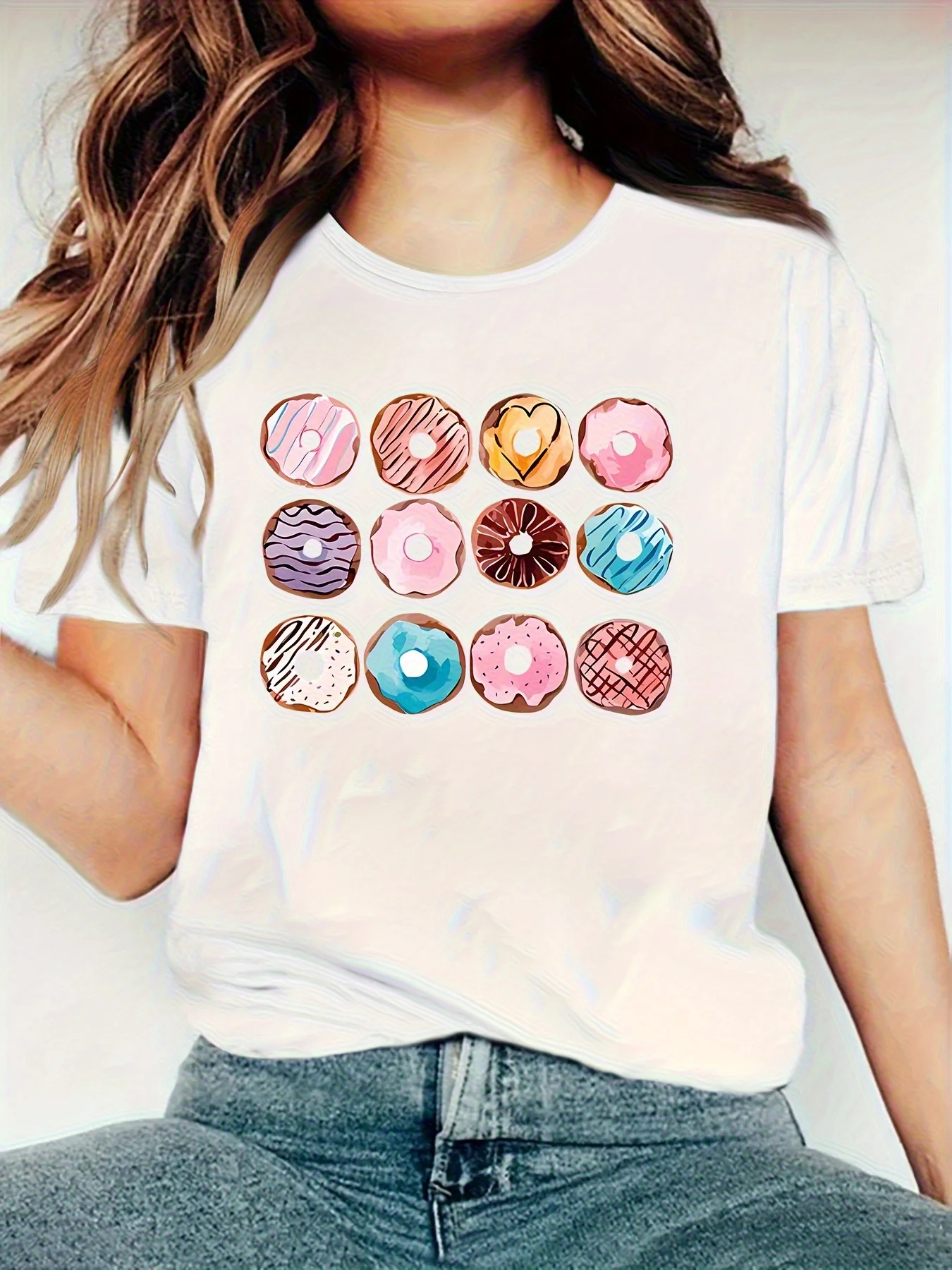 Cartoon Donut Pattern Printed T-shirt Summer Women's Top Round-neck Short-sleeved Fashionable and Casual Summer Women's Wear
Cartoon Donut Pattern Printed T-shirt Summer Women's Top Round-neck Short-sleeved Fashionable and Casual Summer Women's Wear