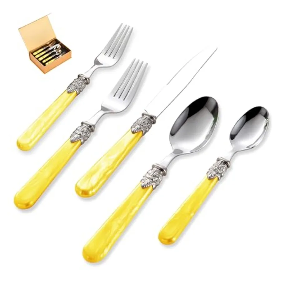 Набор столовых приборов из 20 предметов из нержавеющей стали 18/10 с желтыми ручками, винтажный дизайн, серебристый цвет, набор для сервировки на 4 персоны.
Набор столовых приборов из 20 предметов из нержавеющей стали 18/10 с желтыми ручками, винтажный дизайн, серебристый цвет, набор для сервировки на 4 персоны.