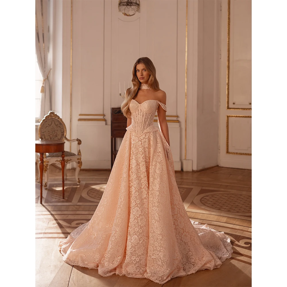 MVOZEIN 2026 Peach Lace Wedding Dress Off Shoulder Sweetheart Corset A-Line Lace Up Back Bridal Gown with Choker Neck
MVOZEIN 2026 Peach Lace Wedding Dress Off Shoulder Sweetheart Corset A-Line Lace Up Back Bridal Gown with Choker Neck