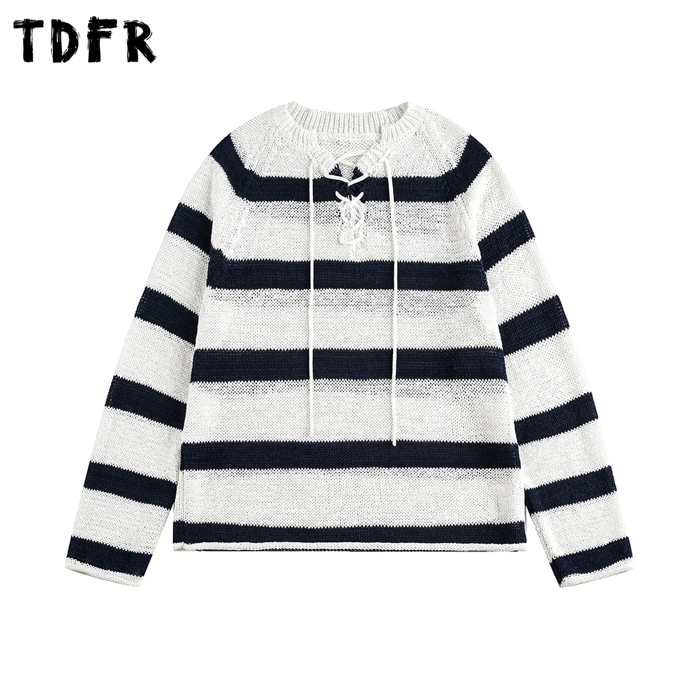 Lace Up Striped Sweater Mens Knitted Autumn Thin Casual Loose Long Sleeve Pullover Man
Lace Up Striped Sweater Mens Knitted Autumn Thin Casual Loose Long Sleeve Pullover Man