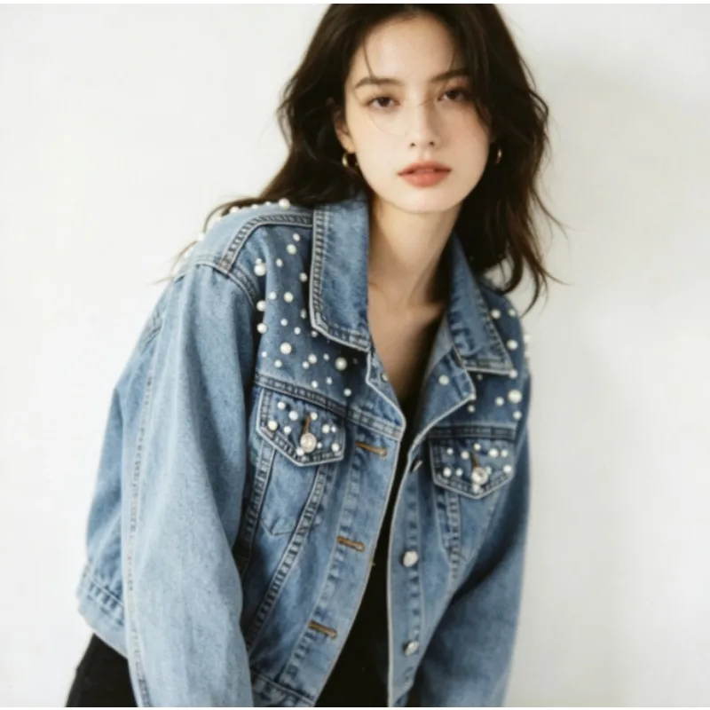Pearl Studded Denim Jacket Cropped Length & Loose Vintage Wash & Breathable Cotton for Spring Fall Travel Vacation Streetwear
Pearl Studded Denim Jacket Cropped Length & Loose Vintage Wash & Breathable Cotton for Spring Fall Travel Vacation Streetwear