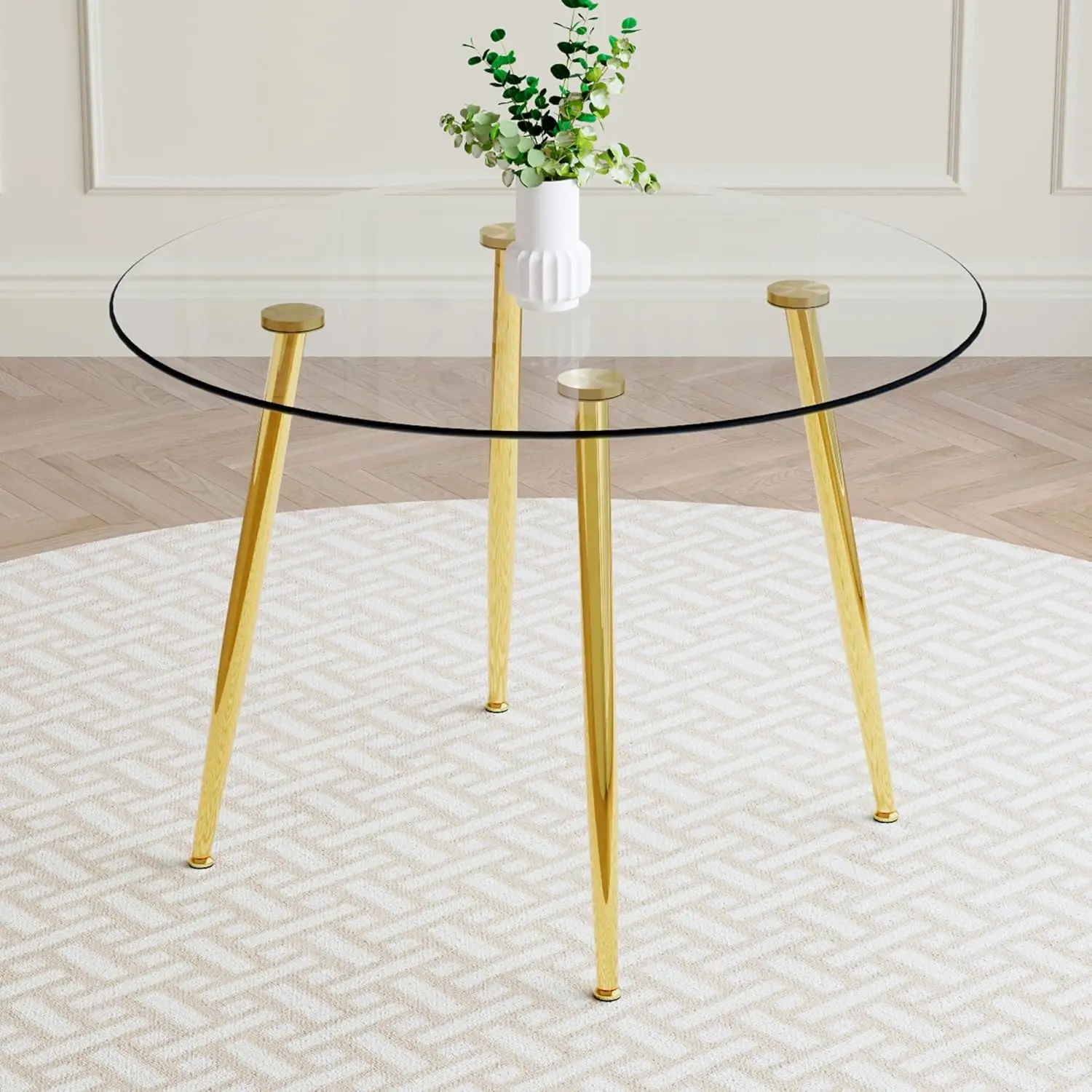Round Glass Dining Table for 4-6,0.3" Tempered Glass Kitchen Table Top with Gold Chrome Metal Legs,Small Dinner Table for Dining
Round Glass Dining Table for 4-6,0.3" Tempered Glass Kitchen Table Top with Gold Chrome Metal Legs,Small Dinner Table for Dining