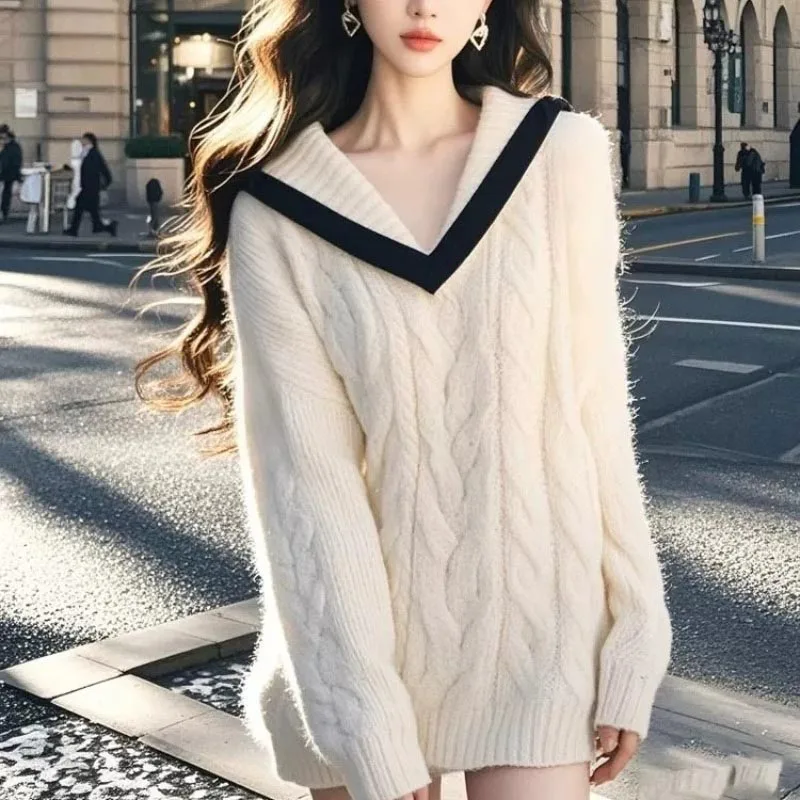 Women's Clothing Elegant Loose Navy Collar White Sweaters Autumn Winter New Fashion All-match Patchwork Knit Pullovers Lady Tops
Women's Clothing Elegant Loose Navy Collar White Sweaters Autumn Winter New Fashion All-match Patchwork Knit Pullovers Lady Tops
