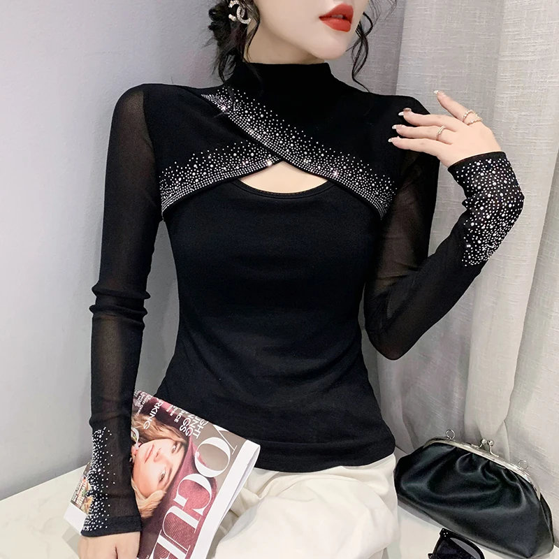 Spring Autumn New High Collar T Shirt Women Long Sleeve Hollow out Hot Diamond Shirt Korean Fashion Sexy Mesh Tops
Spring Autumn New High Collar T Shirt Women Long Sleeve Hollow out Hot Diamond Shirt Korean Fashion Sexy Mesh Tops