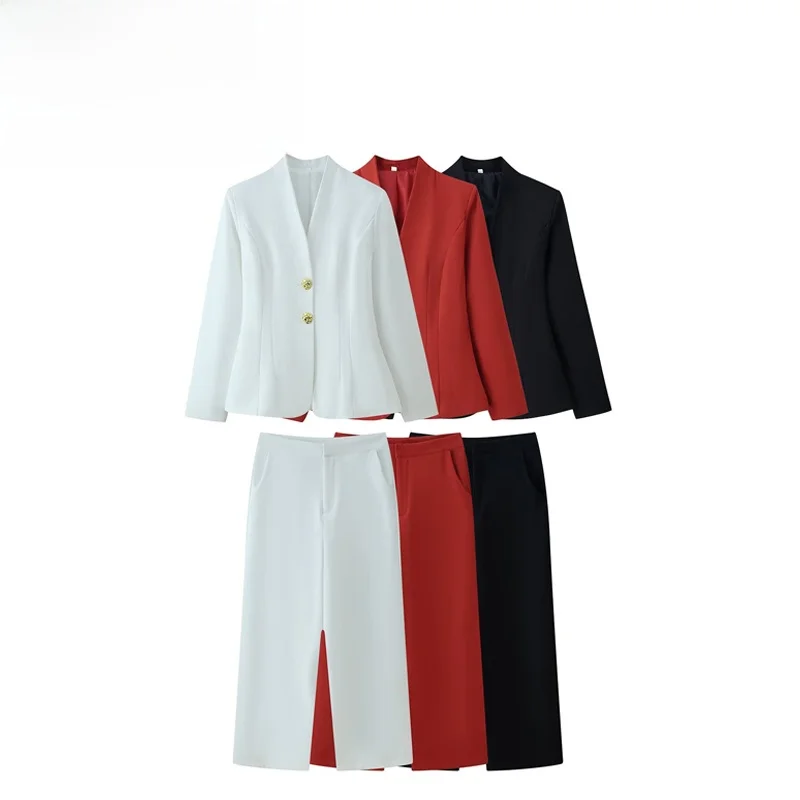 Fashionable Metal Buckle Suit Jacket And High Waist Long Pants Women's Spring Outfit Two-Piece Set Elegant Workwear Style
Fashionable Metal Buckle Suit Jacket And High Waist Long Pants Women's Spring Outfit Two-Piece Set Elegant Workwear Style