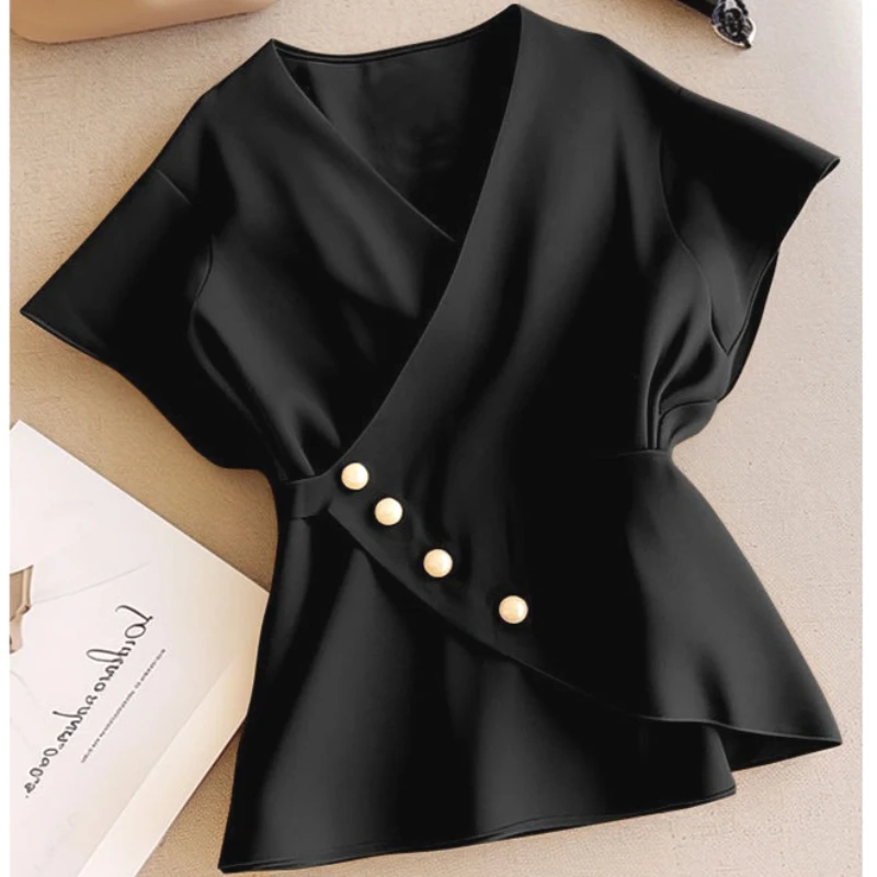 Women Tops Top V Neck Short Sleeve Y2k Streetwear Black High Waist Solid Elegant Splice Casual Work Tees Slim Fit 2026 Spring
Women Tops Top V Neck Short Sleeve Y2k Streetwear Black High Waist Solid Elegant Splice Casual Work Tees Slim Fit 2026 Spring