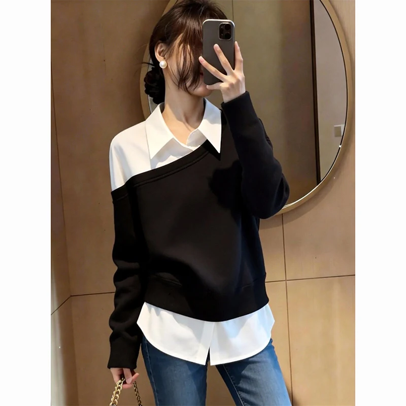 Women's Fake Two-Piece Top Collared Shirt Patchwork Sweatshirt, Asymmetric Off Shoulder Black White Blouse Casual Loose Chic Top
Women's Fake Two-Piece Top Collared Shirt Patchwork Sweatshirt, Asymmetric Off Shoulder Black White Blouse Casual Loose Chic Top