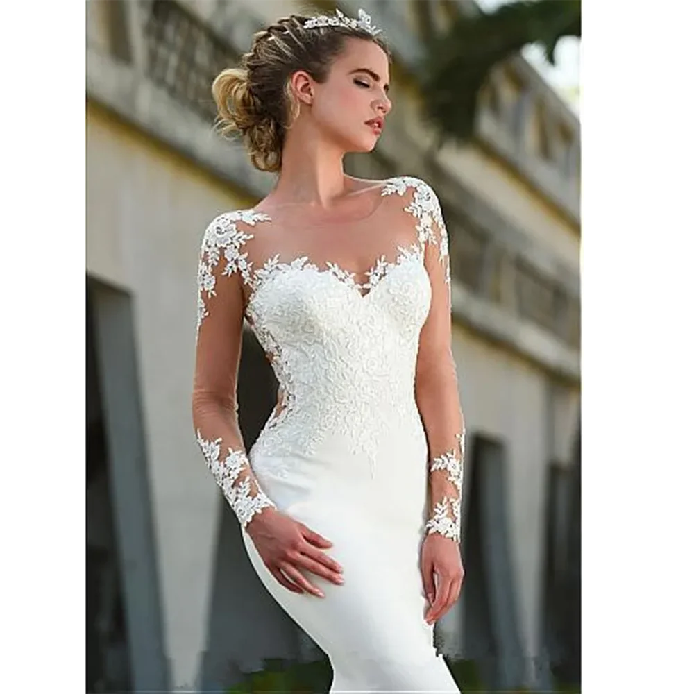 Sexy Long Sleeves Mermaid Wedding Dresses Tulle Lace Applique Sweep Train Wedding Bridal Gowns
Sexy Long Sleeves Mermaid Wedding Dresses Tulle Lace Applique Sweep Train Wedding Bridal Gowns