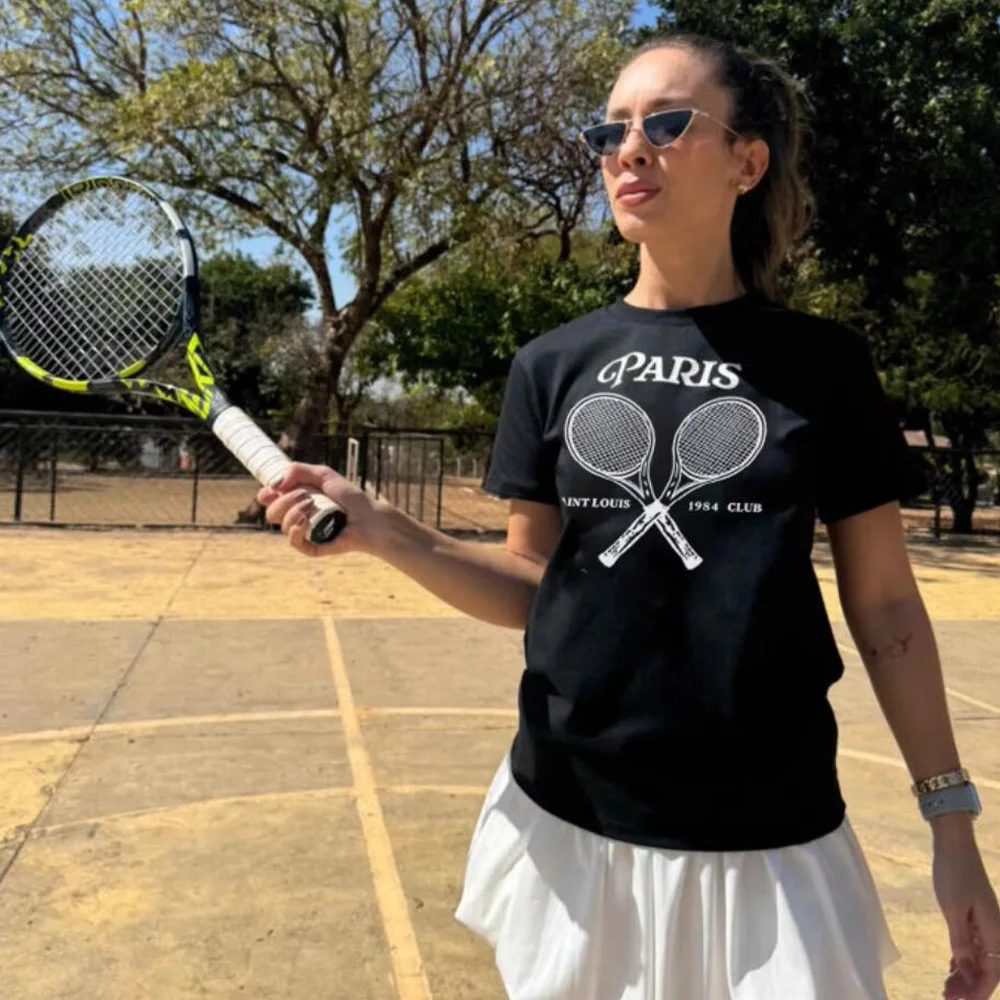 Paris Tennis Club Printing Vintage Style Short Sleeve Women T Shirts Summer Loose Cotton Casual Tops Ins Fashion Black Tees
Paris Tennis Club Printing Vintage Style Short Sleeve Women T Shirts Summer Loose Cotton Casual Tops Ins Fashion Black Tees
