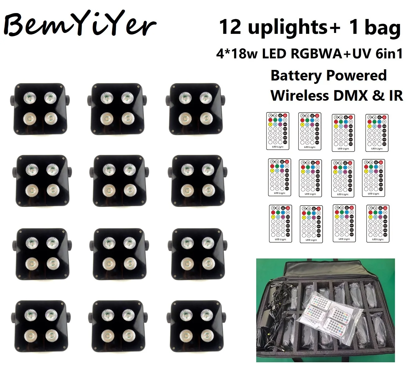 Bemyiyer, 12 упаковок, 4x18 Вт, аккумулятор, беспроводной DMX DJ, светодиодная сумка Par Uplights для свадьбы в диджене, ИК/RGBWA + УФ, 6 в 1, сценическое освещение
Bemyiyer, 12 упаковок, 4x18 Вт, аккумулятор, беспроводной DMX DJ, светодиодная сумка Par Uplights для свадьбы в диджене, ИК/RGBWA + УФ, 6 в 1, сценическое освещение