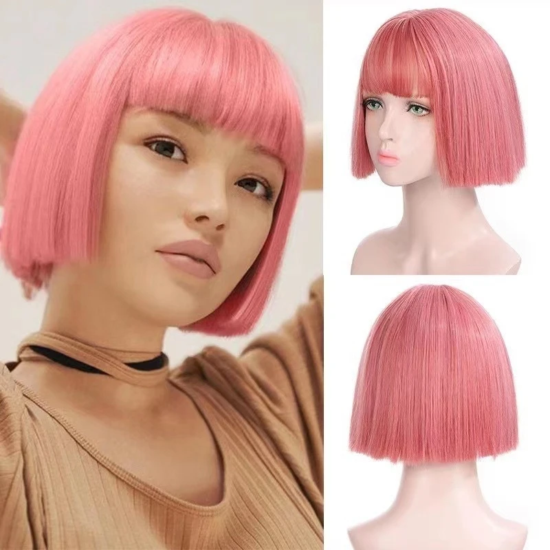 Cosplay , women's fashion wig, pink short straight hair, bob cut, natural air bangs wigs
Cosplay , women's fashion wig, pink short straight hair, bob cut, natural air bangs wigs