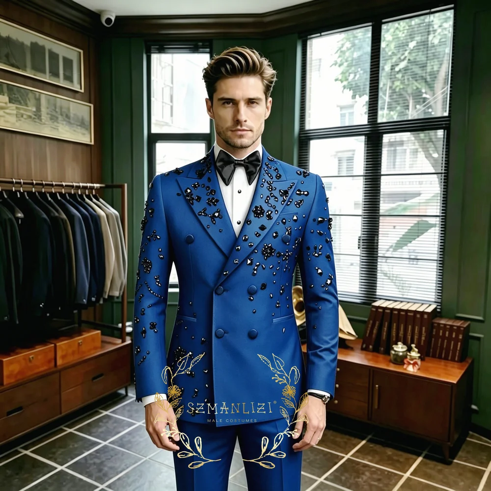 Luxury Crystals Men Suits Peaked Lapel Groom Wedding Tuxedos Double Breasted Male Party Blazers 2 Piece Sets Costume Homme
Luxury Crystals Men Suits Peaked Lapel Groom Wedding Tuxedos Double Breasted Male Party Blazers 2 Piece Sets Costume Homme