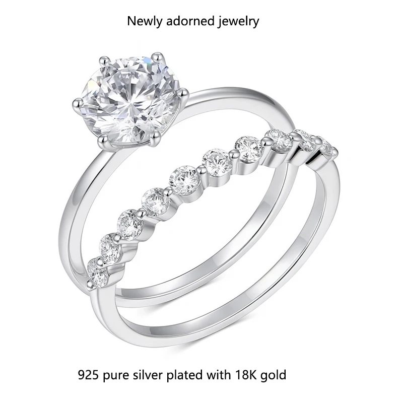 S925 silver ring with six prongs, featuring a 1.2 carat moissanite as the main stone, accompanied by a secondary ring with a dou 
S925 silver ring with six prongs, featuring a 1.2 carat moissanite as the main stone, accompanied by a secondary ring with a dou