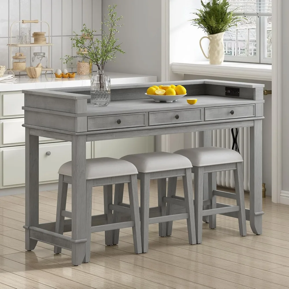 4-piece Dining Bar Table Set with 3 Upholstered Stools, Rubber Wood Counter Height Multifunctional Dining Table with 3 Drawers a
4-piece Dining Bar Table Set with 3 Upholstered Stools, Rubber Wood Counter Height Multifunctional Dining Table with 3 Drawers a