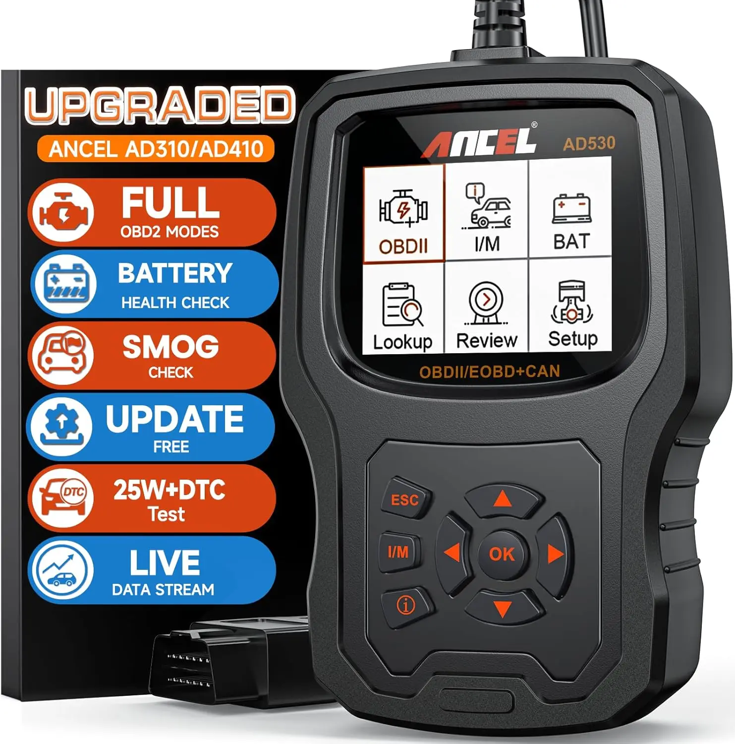 AD530 OBD2 Scanner, Check Engine Code Reader with Live Data & Battery Tester for 1996+ Cars
AD530 OBD2 Scanner, Check Engine Code Reader with Live Data & Battery Tester for 1996+ Cars