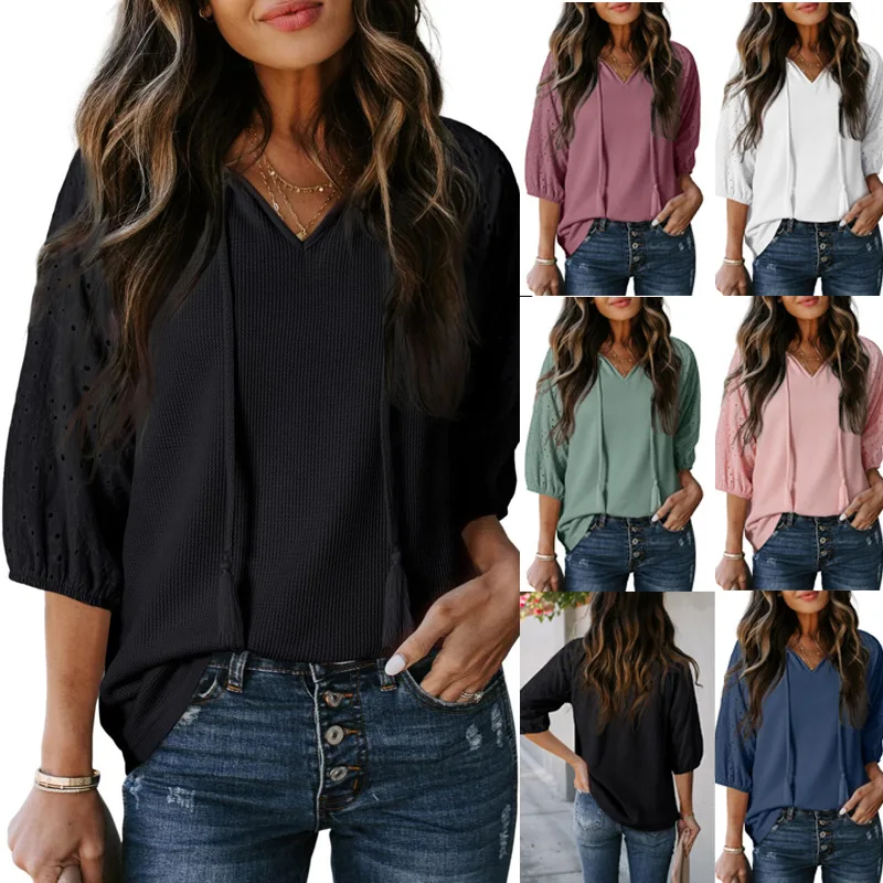 Women's Summer V-neck T-shirt 7-point Sleeve Casual Solid Color Jacquard Hollow Pink Top Black Tees
Women's Summer V-neck T-shirt 7-point Sleeve Casual Solid Color Jacquard Hollow Pink Top Black Tees