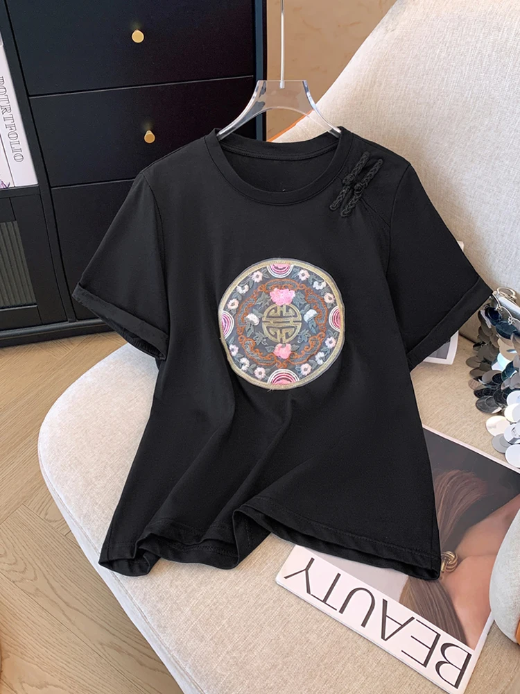 Summer New Style Black Short Sleeve T-Shirt Women's plus Size Fashionable Versatile Embroidery Button up Top Korean Loose Fit
Summer New Style Black Short Sleeve T-Shirt Women's plus Size Fashionable Versatile Embroidery Button up Top Korean Loose Fit