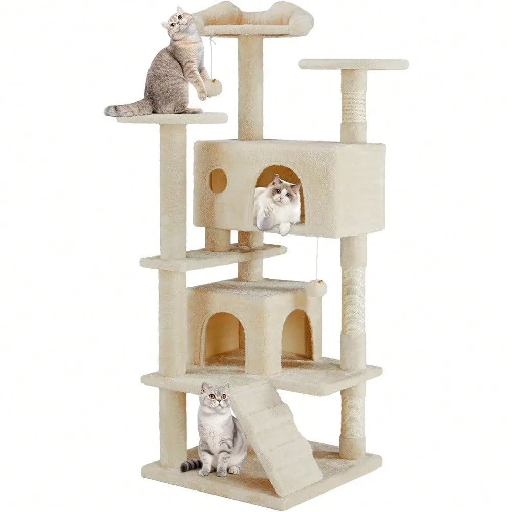 54-Inch Beige Multi-Level Cat Tower Designed For Indoor Fun. Features A Private Condo, Comfy Perches, A Climbing Ladder
54-Inch Beige Multi-Level Cat Tower Designed For Indoor Fun. Features A Private Condo, Comfy Perches, A Climbing Ladder