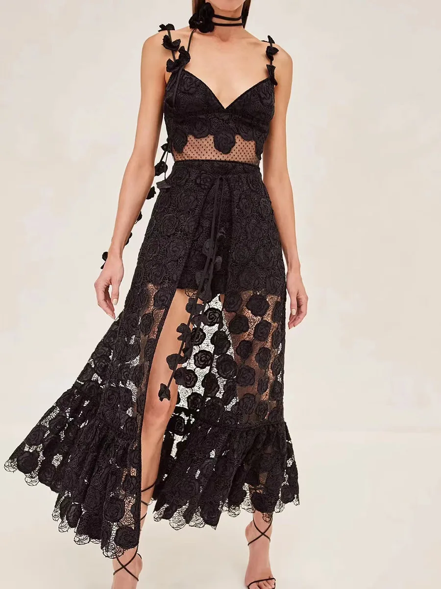 Summer Sexy Strapless 3D Floral Backless Camisole Jumpsuit Shorts And Black Split Lace Long Skirt For Women 2 Pieces Set X1154
Summer Sexy Strapless 3D Floral Backless Camisole Jumpsuit Shorts And Black Split Lace Long Skirt For Women 2 Pieces Set X1154