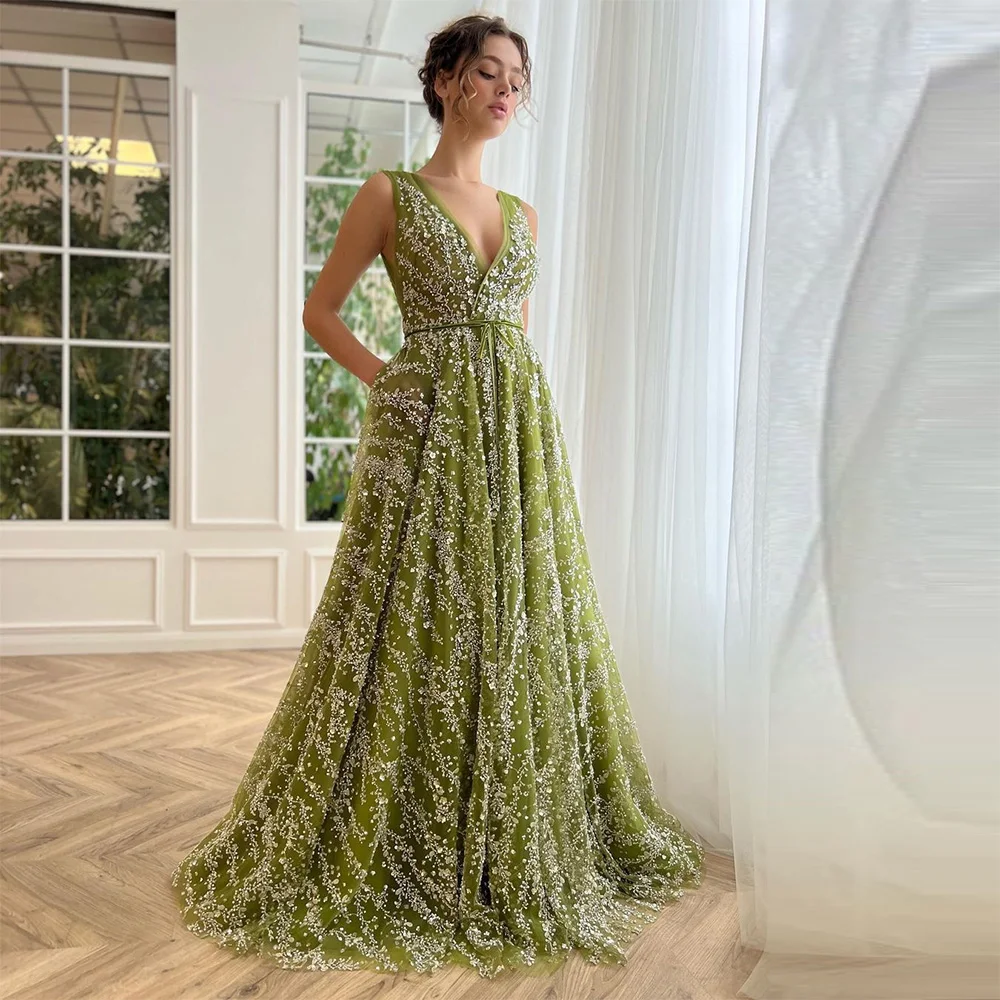 Sevintage Sparkly Green Beading Crystal Sequined Lace Prom Dresses V-Neck Sleeveless A-Line Evening Gowns Formal Party Dress
Sevintage Sparkly Green Beading Crystal Sequined Lace Prom Dresses V-Neck Sleeveless A-Line Evening Gowns Formal Party Dress