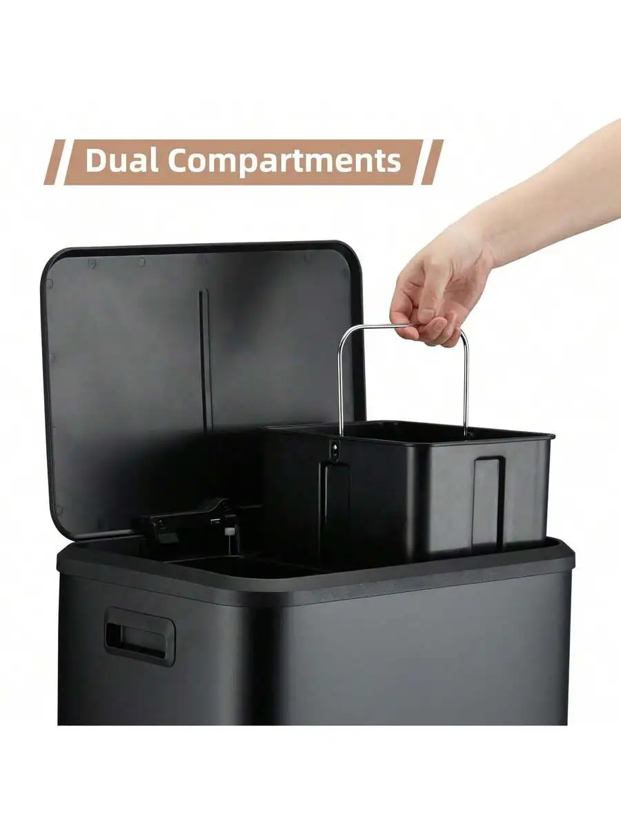 Dual Compartment Stainless Steel Trash Can With Soft Close Lid And Inner Buckets
Dual Compartment Stainless Steel Trash Can With Soft Close Lid And Inner Buckets