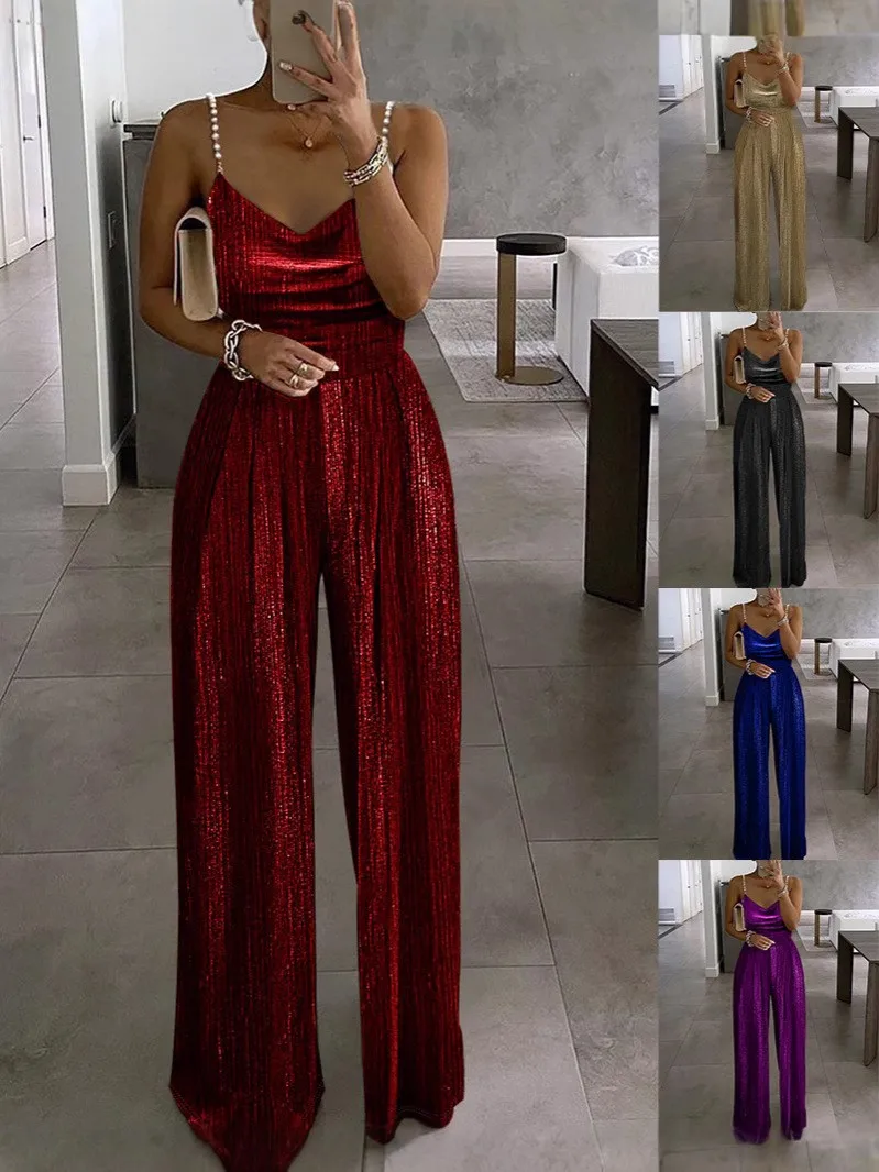 Summer Spring Women's Clothing Slim Fit Beaded Strap Jumpsuits For Woman Elegant Wide Leg Bodysuit Polyester Spandex Thin
Summer Spring Women's Clothing Slim Fit Beaded Strap Jumpsuits For Woman Elegant Wide Leg Bodysuit Polyester Spandex Thin