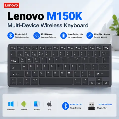 Lenovo M150K Slim Dual Mode Keyboard Bluetooth 2.4G Wireless Portable Windows MacOS iOS Android Shortcut Key for Tablets Laptops