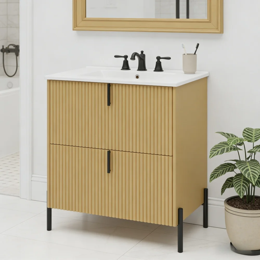 30" Bathroom Vanity: Ceramic Sink Vertical Pulls FullExt Drawers Soft Close Fluted Natural
30" Bathroom Vanity: Ceramic Sink Vertical Pulls FullExt Drawers Soft Close Fluted Natural